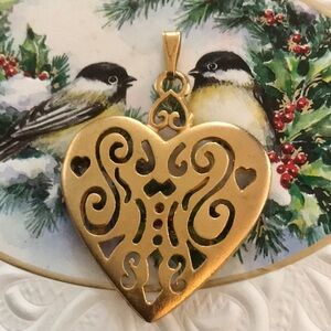 Gold toned Heart Shaped Pendant with Filigree Design and Polished Finish